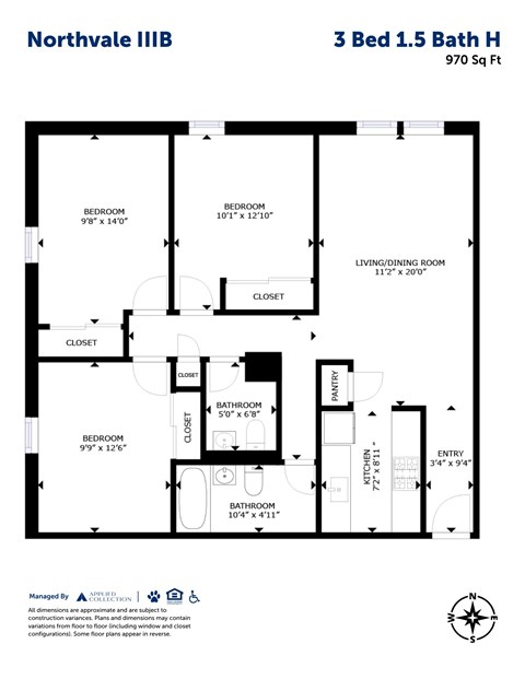 Floor plan for 3 beds, 1.5 baths, 868 sqft